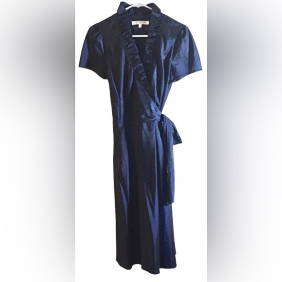 Evan-Picone Shimmering Sapphire Blue Ruffled Collar Wrap Dress - Picture 3 of 6